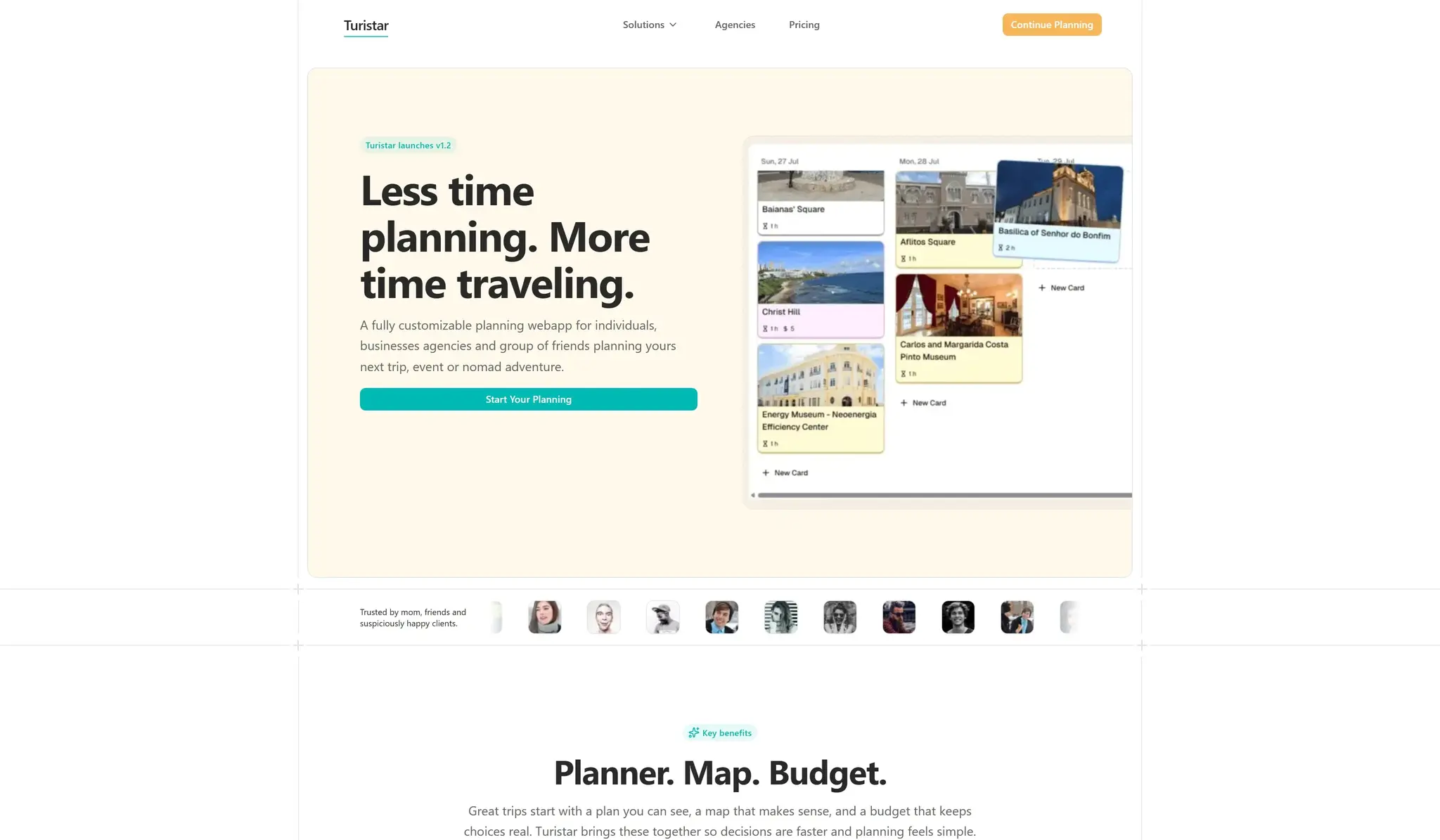 A screenshot of a travel planning website homepage highlighting a hero section with a clear value proposition, primary call-to-action, feature highlights, and social proof.