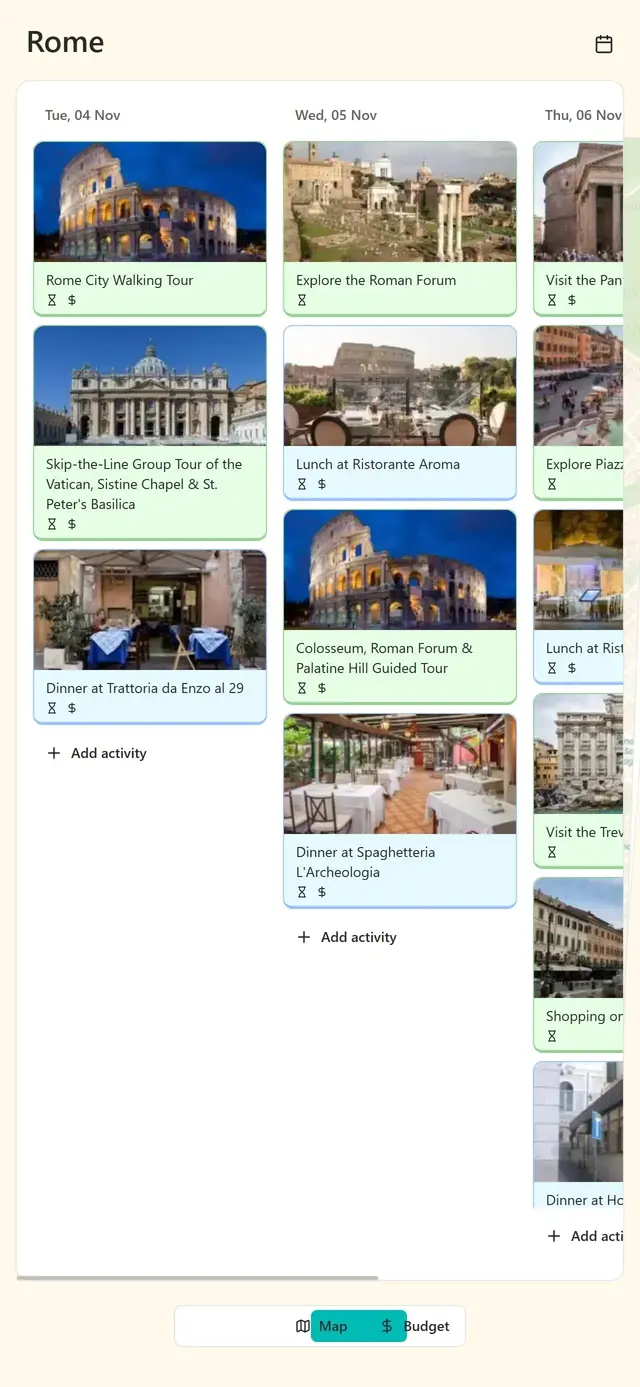 A mobile screenshot of the travel planning web application home with a scrollable itinerary, compact trip cards, and quick-add actions.
