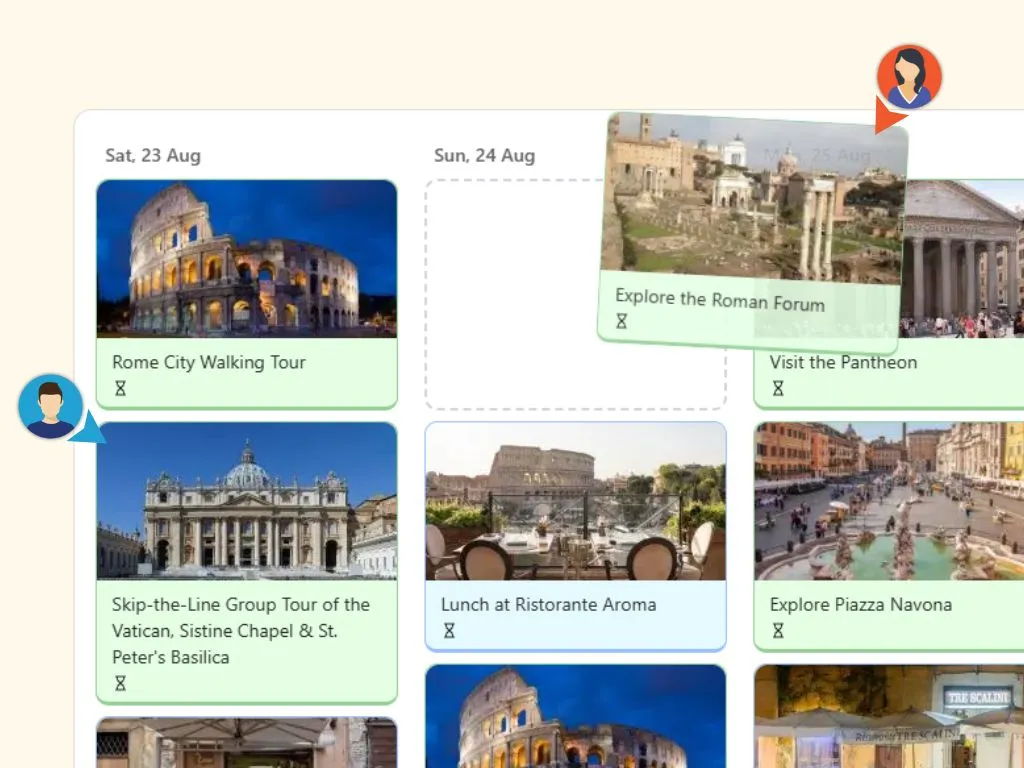 Turistar planner board for building the itinerary.